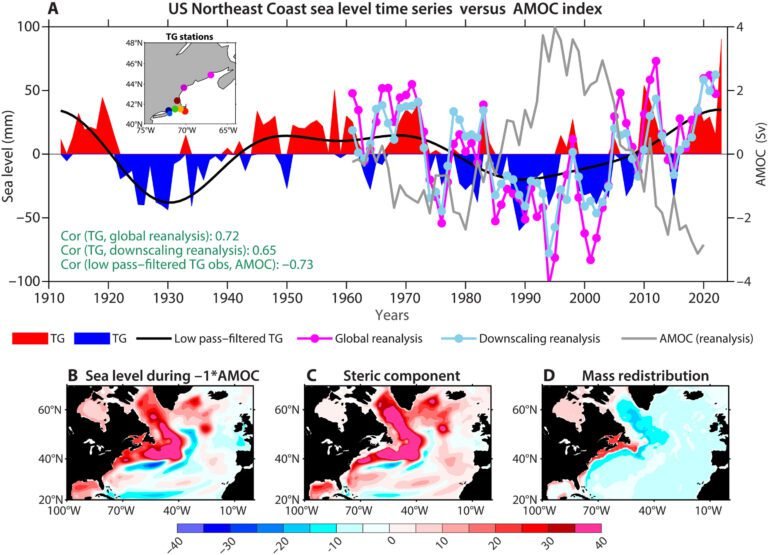 Model toont aan dat de impact van opwarming van de aarde op de AMOC heeft geleid tot verhoogde overstromingen langs de noordoostkust van de VS